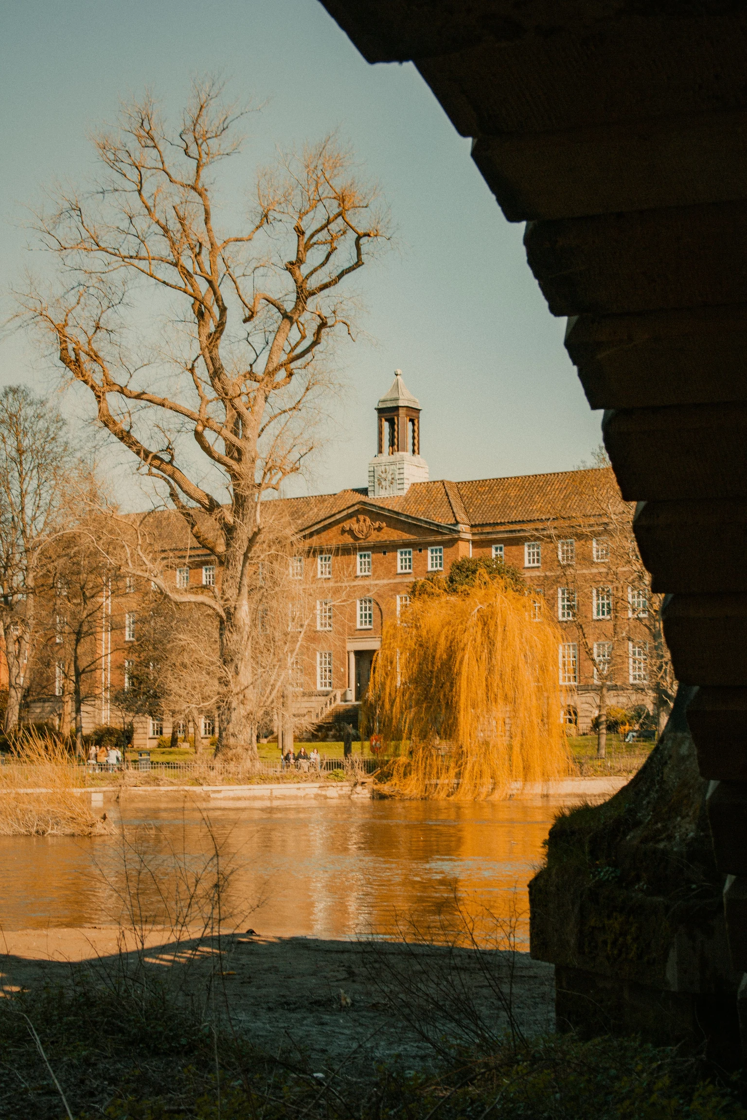 A brick university building beside a pond, with bare trees in the foreground.