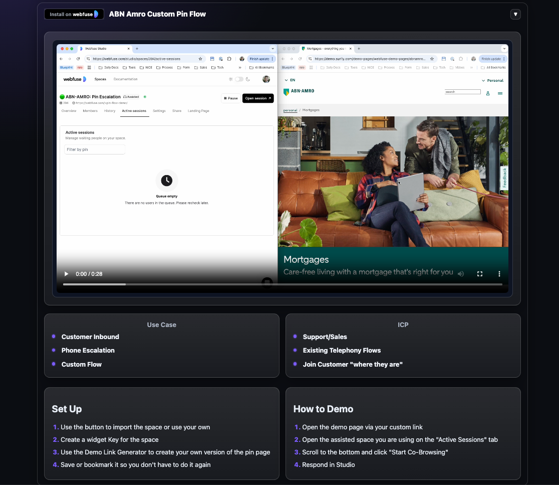 ABN Amro Custom Pin Flow demo page with an embedded co-browsing demo and sections for use case, ICP, setup, and demo instructions.