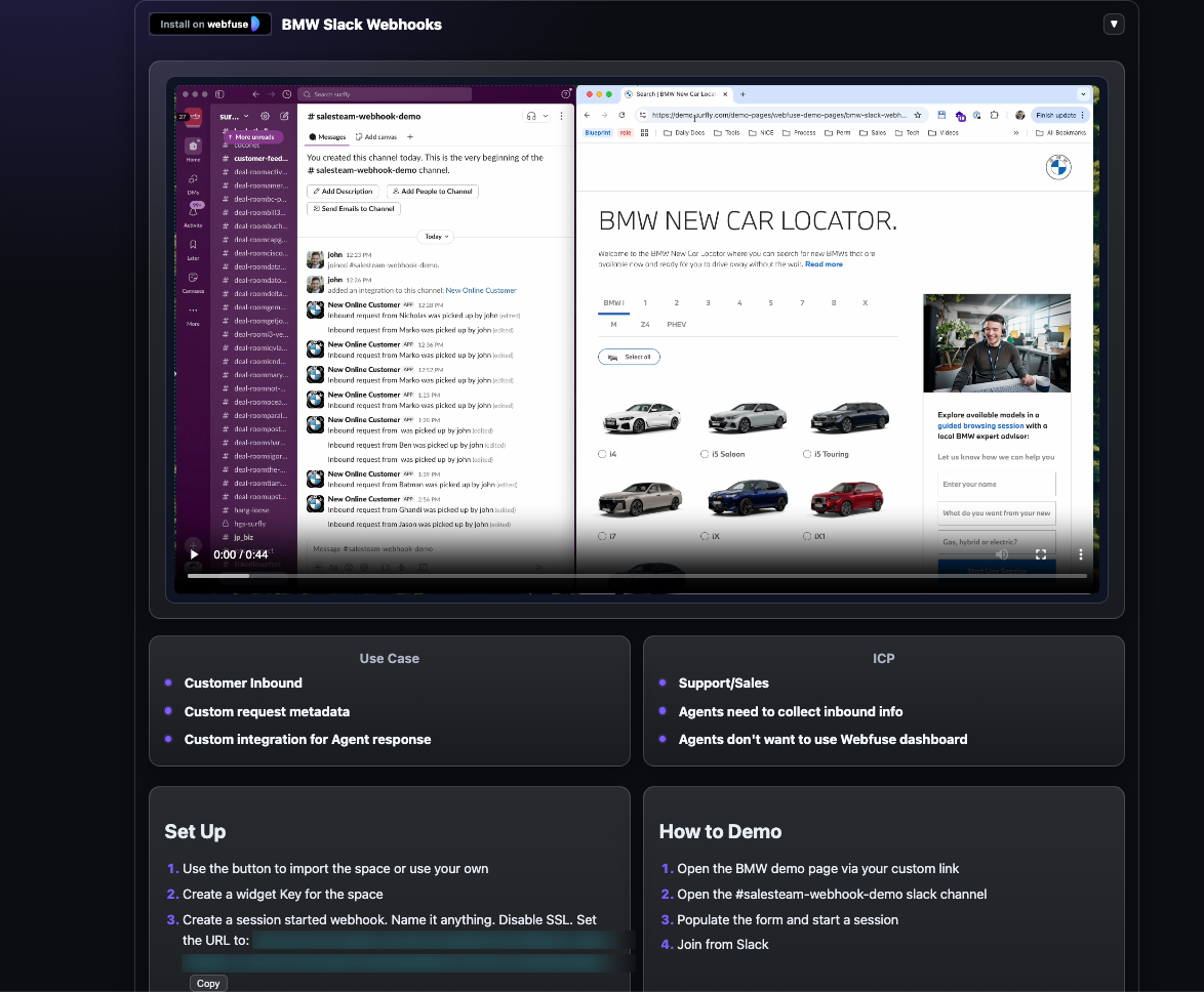 BMW Slack Webhooks demo page showing a Slack-to-car-locator workflow, with sections for use case, ICP, setup, and demo instructions.