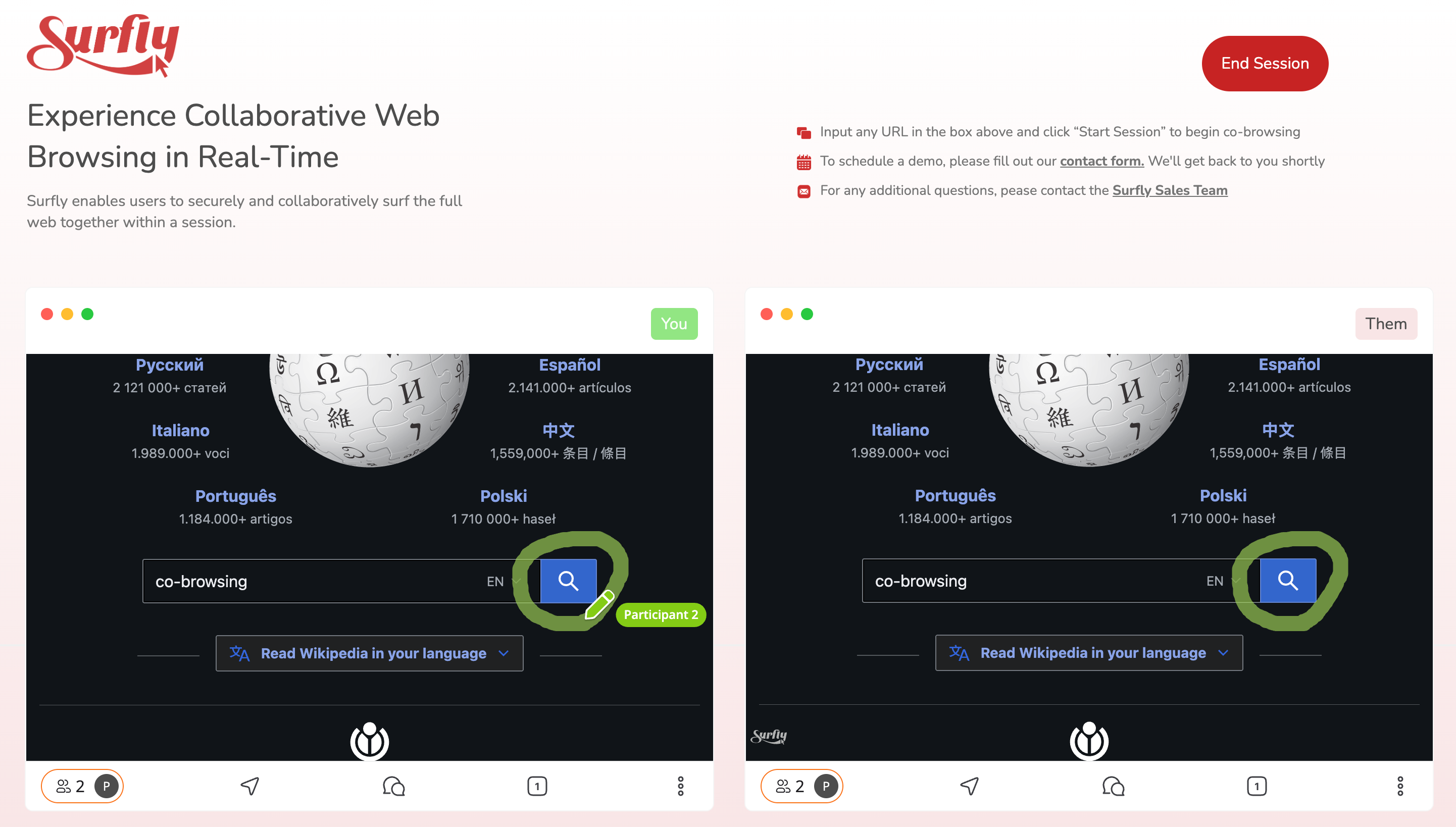 Dual-screen Surfly demo showing two participants browsing the same webpage side by side.